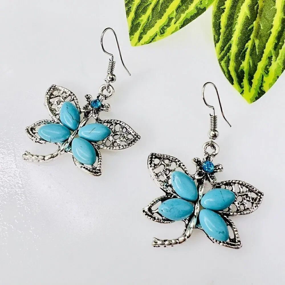 Dragonfly Teal Blue Faux Turquoise Rhinestone Silver Tone Dangle Drop Earrings
